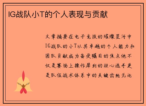 IG战队小T的个人表现与贡献